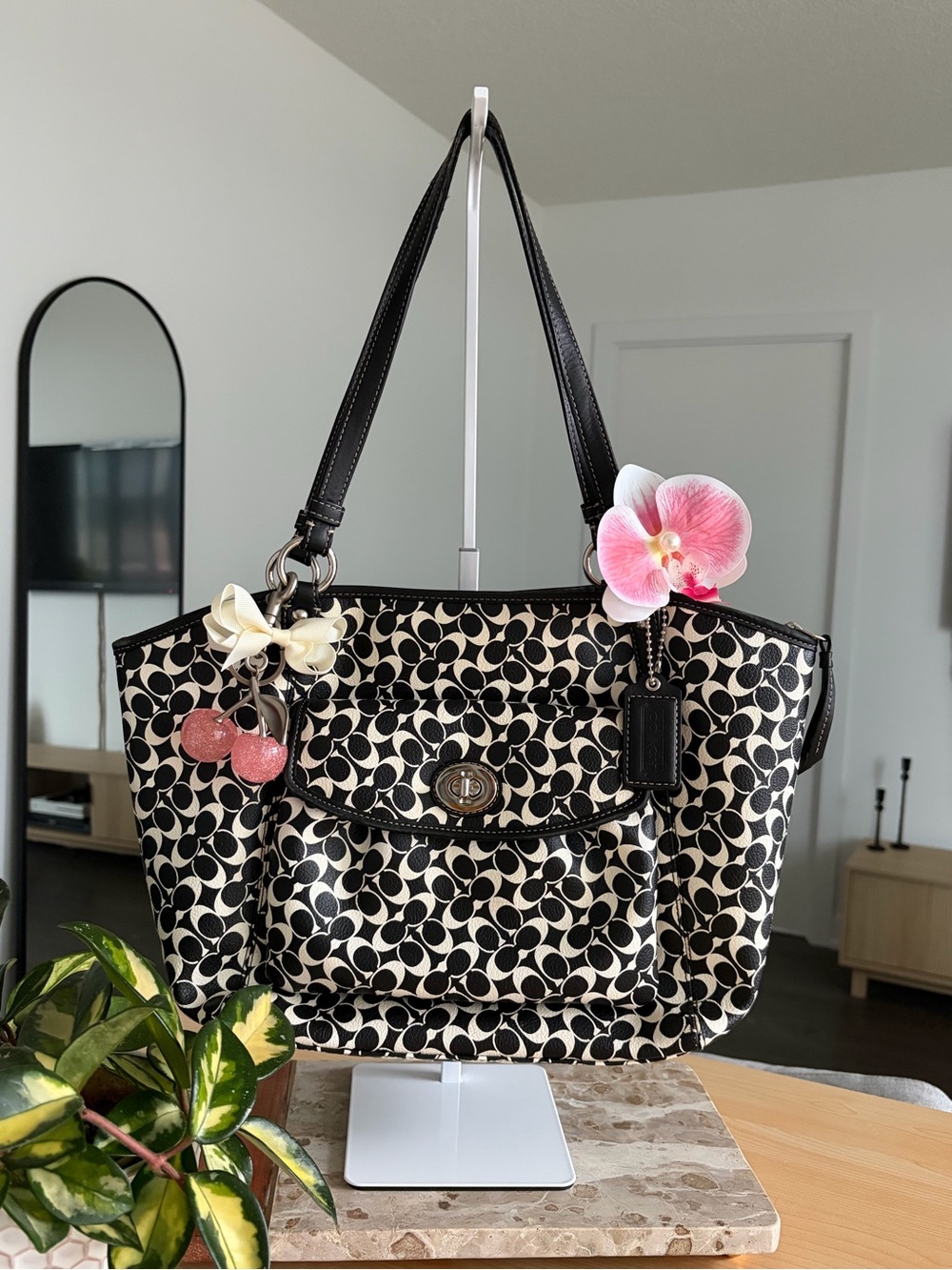 Coach Penelope Black & White Jacquard Leather, Silver Turn Lock Tote